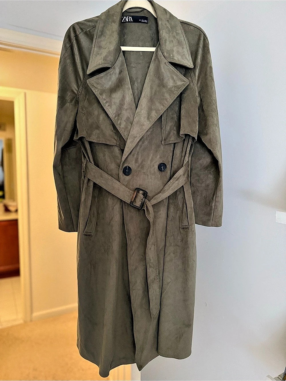 Zara Long Suede-Effect Belted Trench Coat Green